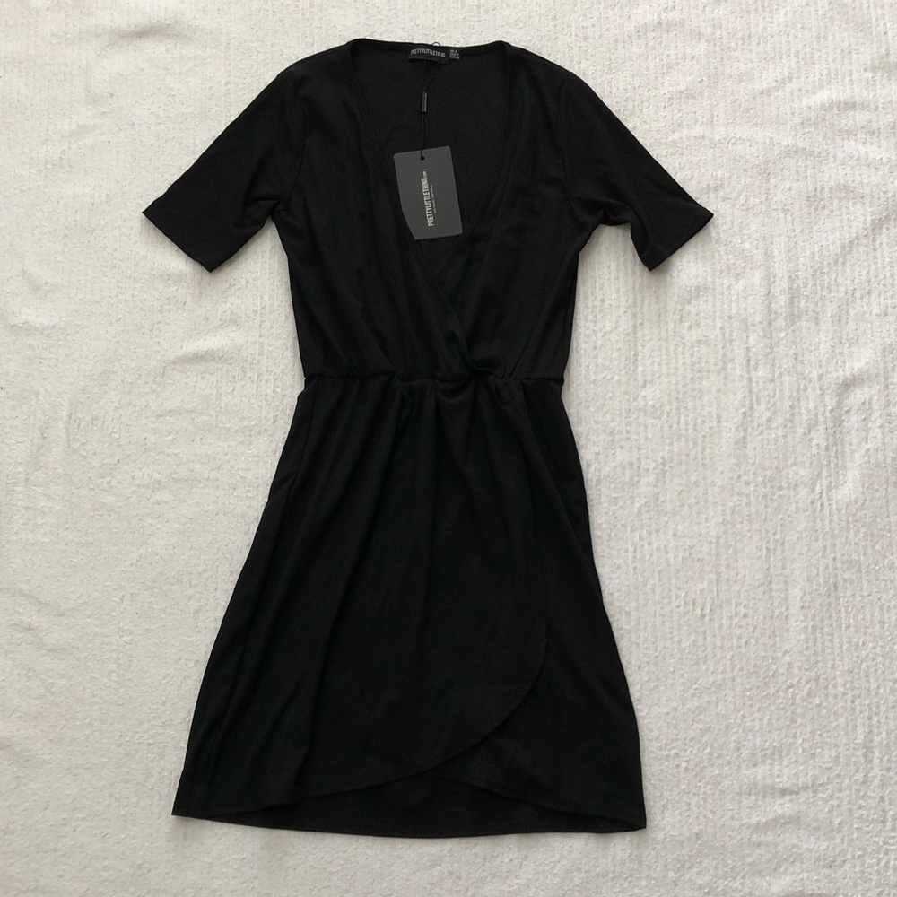 PrettyLittleThing | Black Ribbed Wrap Dress